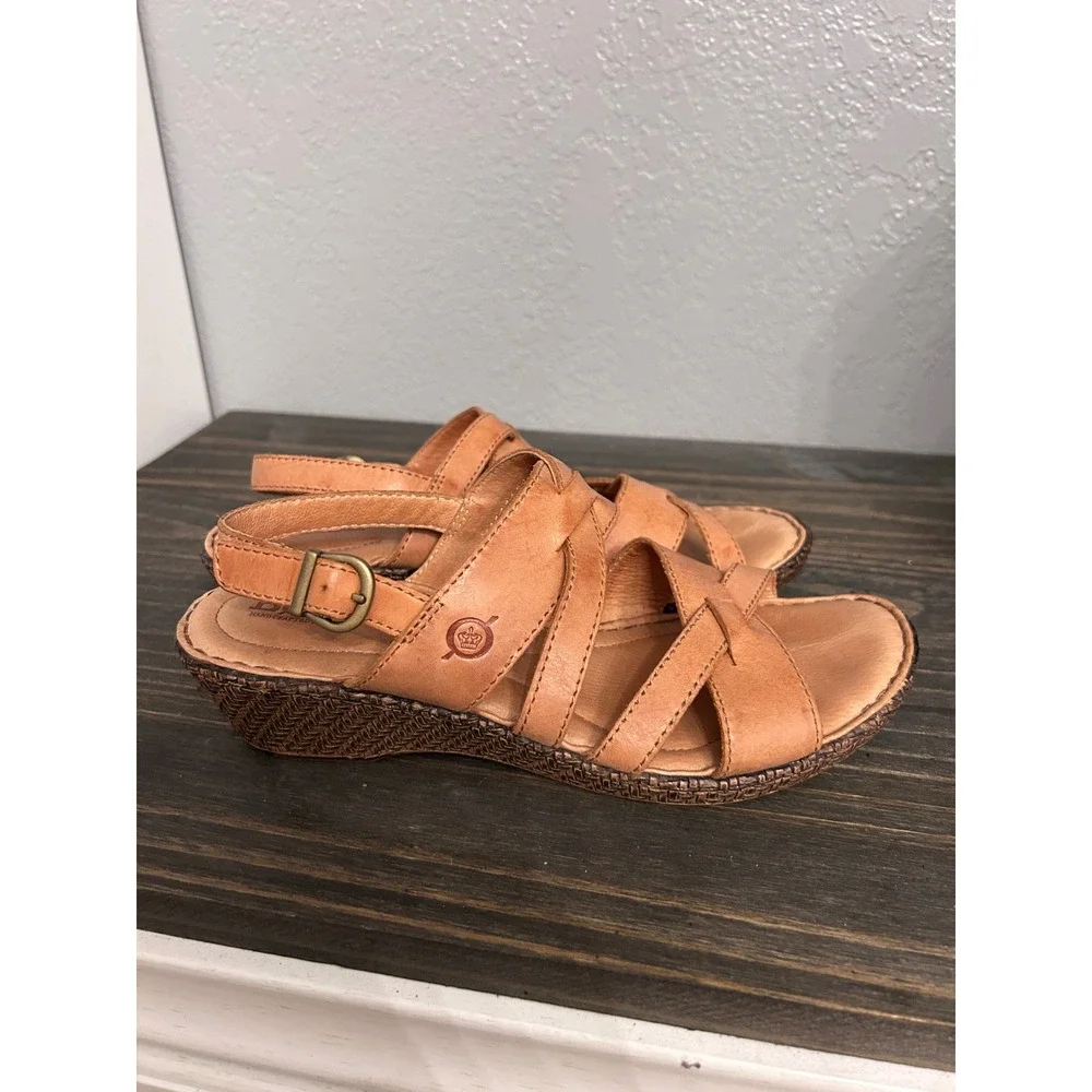 Born Tan Leather Strappy Wedge Sandals 6M Slingback Boho Vacation Summer Spring
